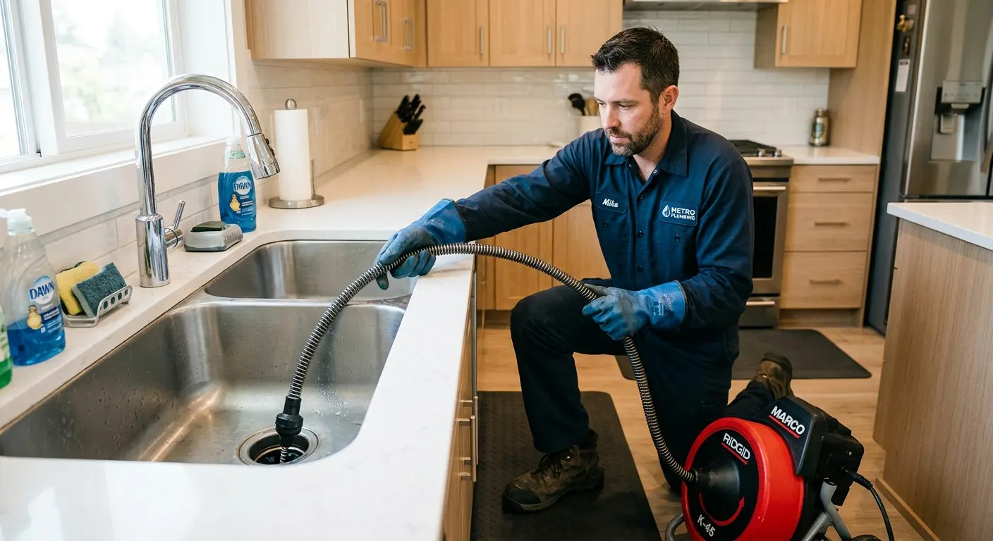 Drain cleaning technician using a motorized snake on a kitchen sink in Economy