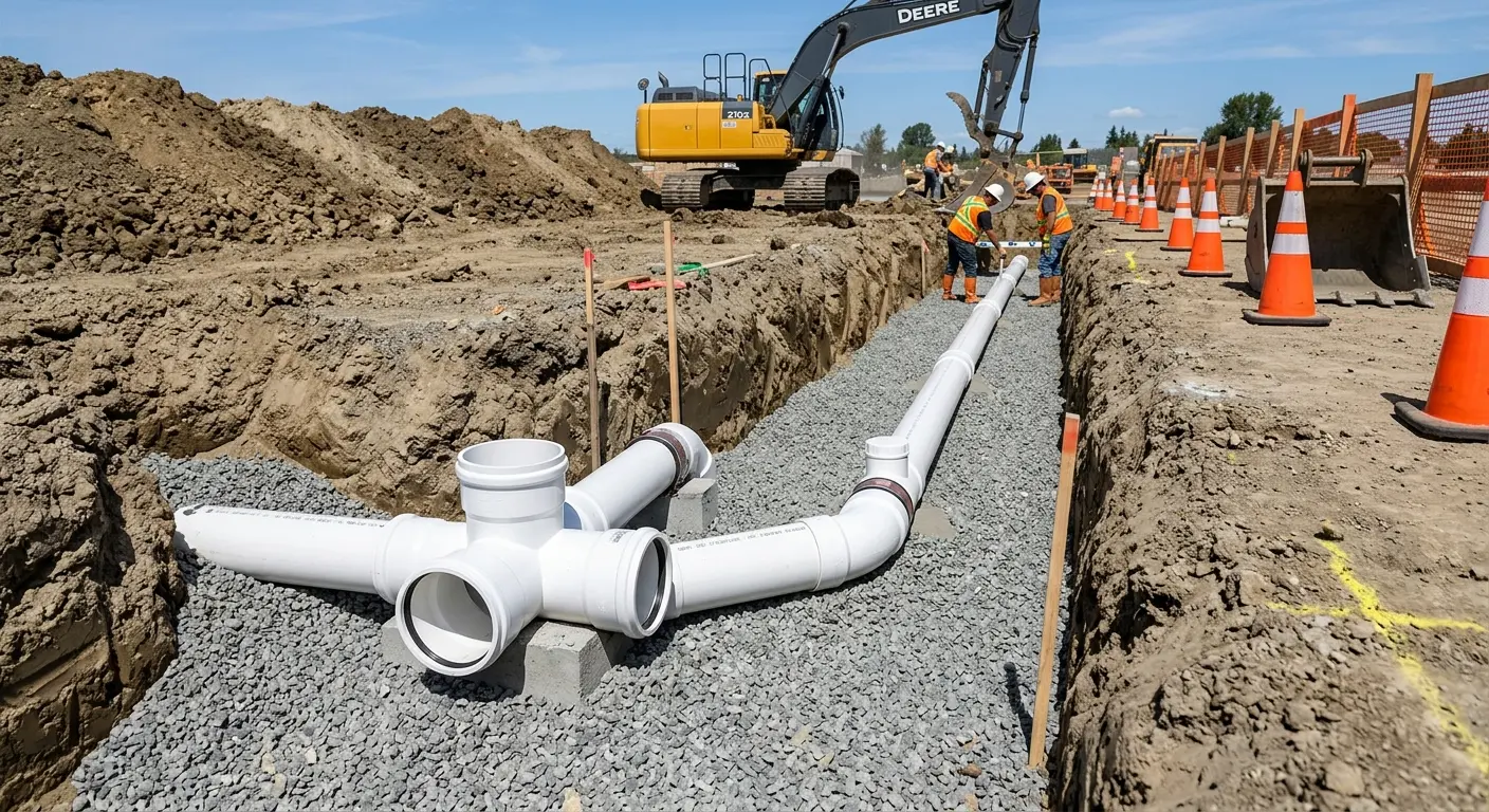 New PVC sewer pipe installation in open trench for Commercial Drain Cleaning in Economy